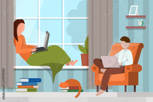 Freelancer woman and man working online from home. Couple working with laptop at living room. Stock vector illustration