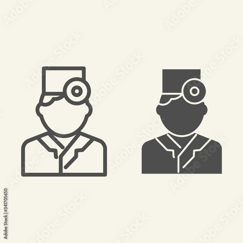 Ophthalmologist or Therapist line and solid icon. Medical doctor with head mirror outline style pictogram on white background. Vision healthcare for mobile concept and web design. Vector graphics.