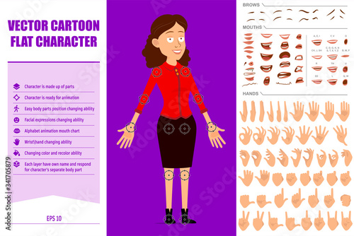 Cartoon flat cute business woman character in red shirt. Ready for animations. Face expressions, eyes, brows, mouth and hands easy to edit. Isolated on violet background. Big vector icon set.