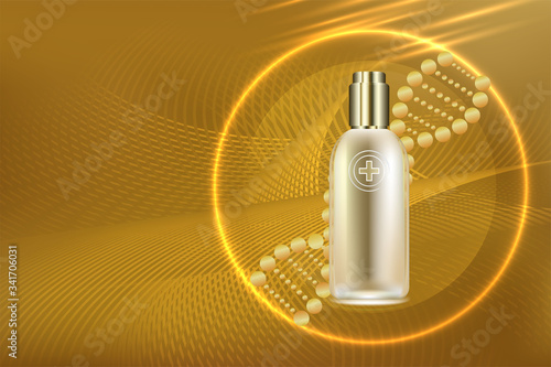 Beauty product ad design, gold cosmetic container with collagen solution advertising background ready to use, luxury skin care banner, illustration vector.