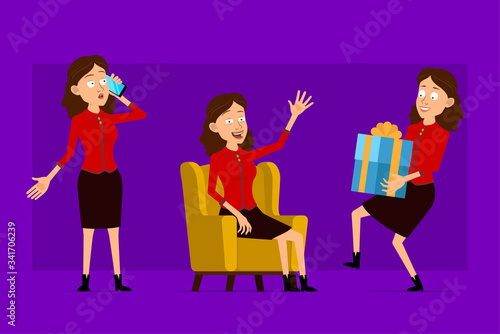 Cartoon flat funny cute business woman character in red shirt. Ready for animations. Girl sitting on sofa with phone and carrying present gift. Isolated on violet background. Big vector icon set.