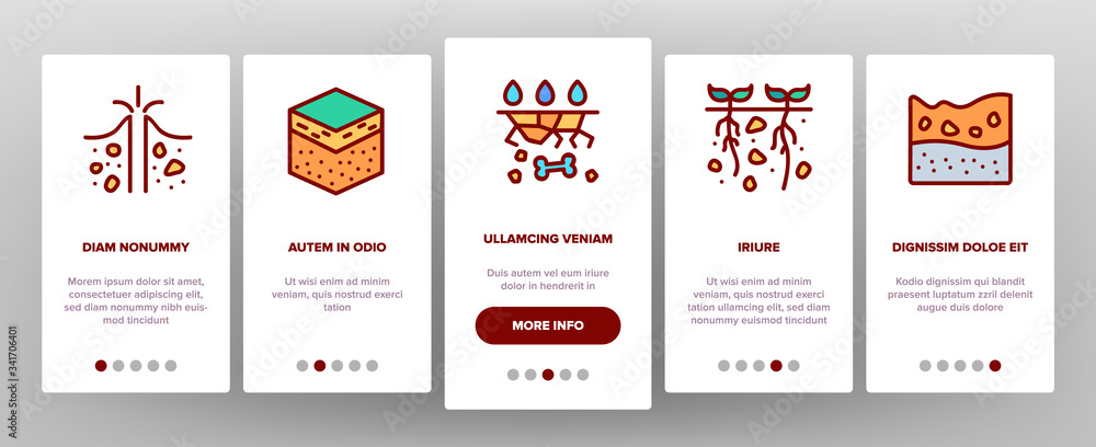 Soil Ground Research Onboarding Icons Set Vector. Soil Ground With Old Bone And Geyser, Drilling And Watering, Fertile And Desert Illustrations