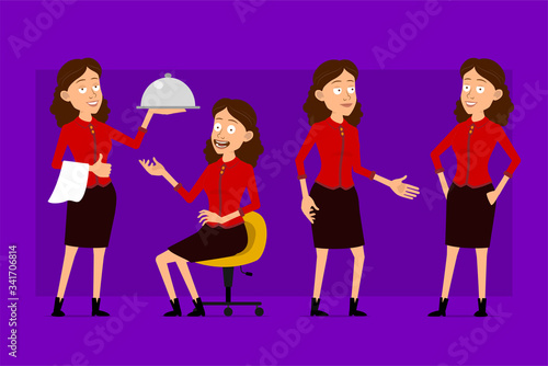 Cartoon flat funny cute business woman character in red shirt. Ready for animations. Waiter girl with dinner tray. Working and resting on chair. Isolated on violet background. Big vector icon set.