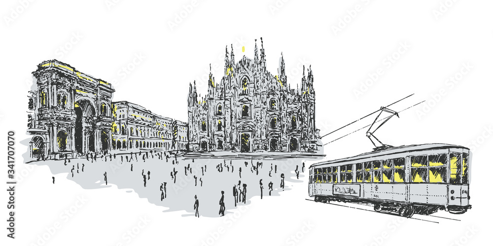 Fototapeta premium Vector Milan cathedral hand drawn illustration. Architectural sketch of the Duomo and tram.