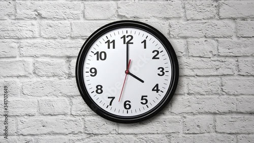 Wallpaper Mural The Time On The Clock Four. Clock With The Black Arrows And Red Second Arrow With The Arabic Numerals On An White Brick Wall Background. Torontodigital.ca