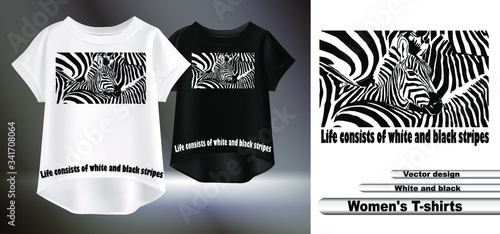 Fashionable print for t-shirts. Artistic image of a striped zebra. Vector illustration of a realistic women's t-shirt. Isolated image of a printable pattern for clothes.