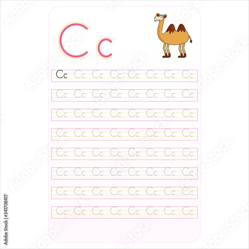 Writing practice letter C printable with clip art   kindergarten kids to improve basic writing skills 