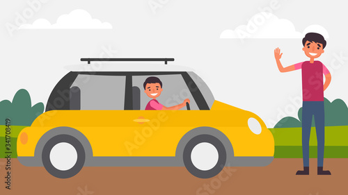 Driving instruction Father Son Activities Perfect Family Bonding spend time together.children is essential to their growth and development and to the type of human.vector illustration in flat cartoon.