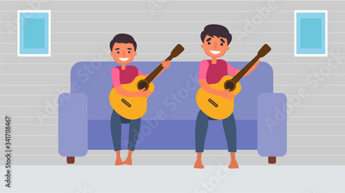 Play guitar Father Son Activities Perfect Family Bonding spend time together.children is essential to their growth and development and to the type of human.vector illustration in flat cartoon style