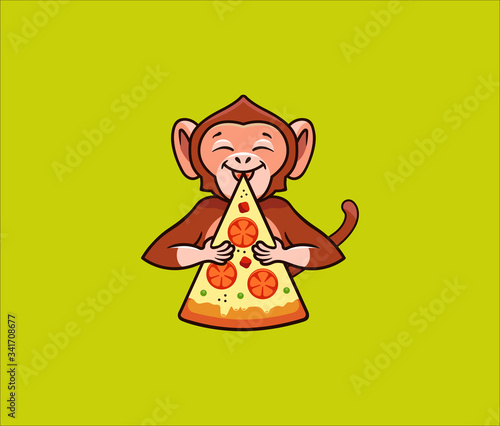 The funny monkey eats pizza, logo. Satisfied macaque character, food logotype, badge, sticker, emblem on green background. Vector illustration, flat, line art style, creative design