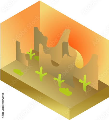 Isometric desert with sunset and cactus
