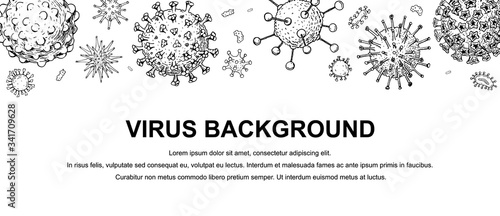Virus banner with hand drawn design elements. Microscope virus close up. Vector illustration in sketch style. COVID-2019