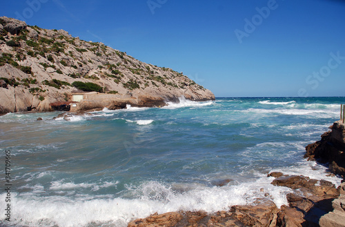 Rough seas at Cala Barques at Cala San Vicente on the Spanish island of Majorca.