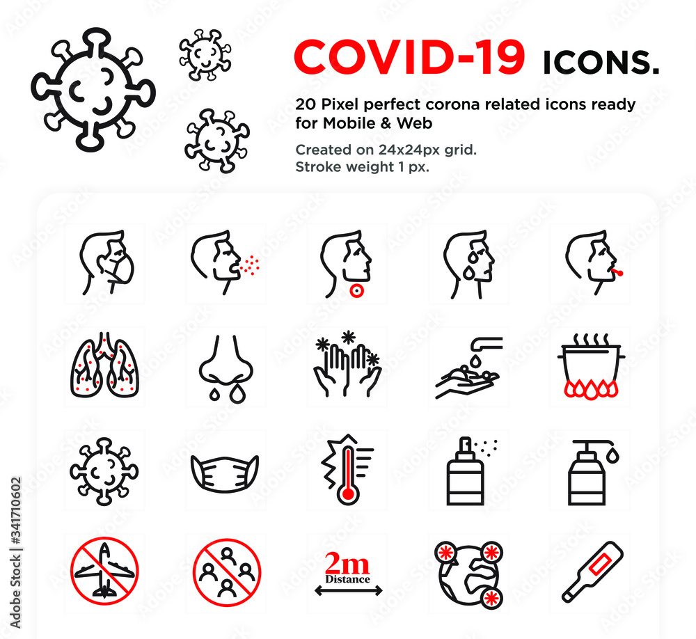 20 Coronavirus (Covid-19) Icons, pixel perfect, created on 24x24px grid, ready for all mobile platforms, web and print, easy to change color or size