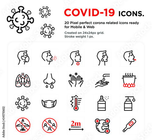 20 Coronavirus (Covid-19) Icons, pixel perfect, created on 24x24px grid, ready for all mobile platforms, web and print, easy to change color or size
