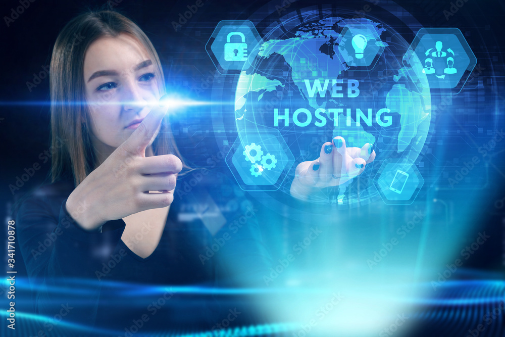 Fototapeta premium Business, Technology, Internet and network concept. Young businessman working on a virtual screen of the future and sees the inscription: Web hosting