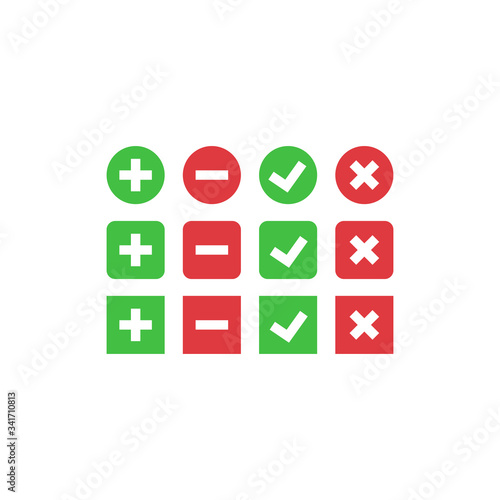 Tick, cross, plus and minus red and green isolated vector icon set. Wrong and right, yes and no chechmark in square and circle.