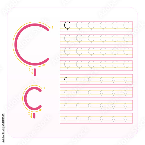 Writing practice letter Ç Turkish character, kindergarten kids to improve basic writing skills, 