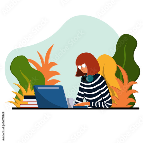 A young woman sits at a desk and works at a laptop. Illustration in a flat style on the theme of work and business.