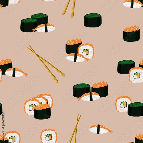 Seamless pattern with sushi rolls, sashimi with caviar, salmon and nori and sticks photo