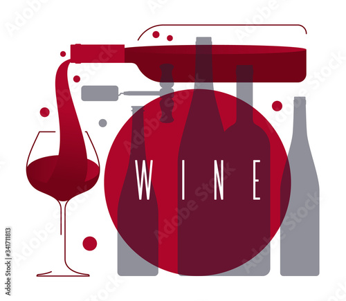 Wine glass with a drink and a bottle of alcohol. Graphic poster, icon, vector banner with red grape wine, glass, bottles and corkscrew.