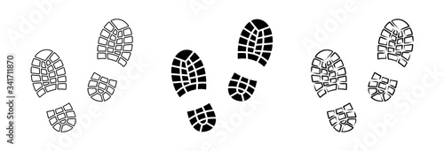 Flat linear design. Trail of footprints from a human foot in a shoe. Black and contour marks. Isolated vector elements.