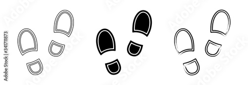 Flat linear design. Trail of footprints from a human foot in a shoe. Black and contour marks. Isolated vector elements.