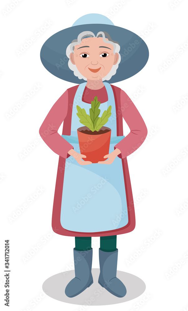Elderly woman holding plant. Senior lady gardening flower vector illustration Elderly woman holding plant. Senior lady gardening flower vector illustration