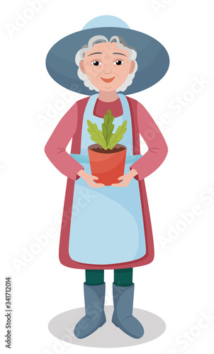 Elderly woman holding plant. Senior lady gardening flower vector illustration