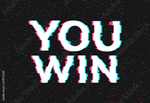 Retro game glitch win score background. Video game you win glitch effect text