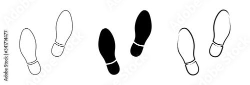 Flat linear design. Trail of footprints from a human foot in a shoe. Black and contour marks. Isolated vector elements.