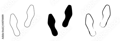 Flat linear design. Trail of footprints from a human foot in a shoe. Black and contour marks. Isolated vector elements.