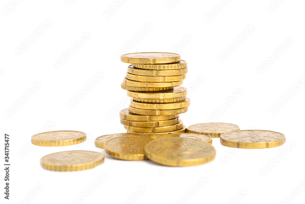 Stack of golden coins at white background. Stack of golden coins at white background.