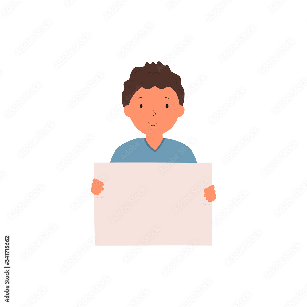 Smiling school boy with an empty placard in his hands isolated on white background. Young boy holding a blank sheet with a place for text. Flat vector illustration Smiling school boy with an empty placard in his hands isolated on white background. Young boy holding a blank sheet with a place for text. Flat vector illustration