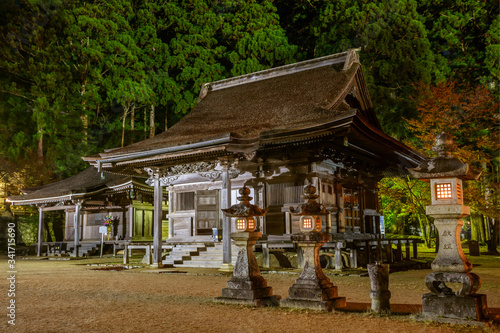 Temple house and lanterns on the sacred mountain of Koyasan, Japan.