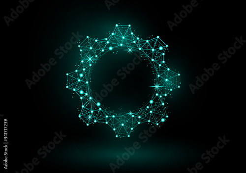 Abstract gear model with backlight on a black background. Shiny frame triangular mesh gear icon. Vector