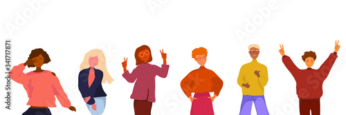 Group portrait of friends. Smiling teenagers standing together. Diversity concept. Young happy men and woman standng together. Cartoon flat vector illusatration in hand drawn style.