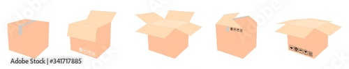 Carton delivery packaging open and closed box with fragile signs. Set of cardboard box mockups. Vector carton packaging box images