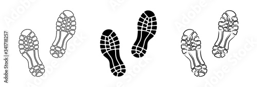 Flat linear design. Trail of footprints from a human foot in a shoe. Black and contour marks. Isolated vector elements.