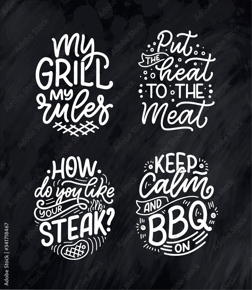 Set with Bbq fun slogans, great design for any purposes. Lettering for family dinner design. Funny print, poster and banner with phrase about barbeque. Vector Set with Bbq fun slogans, great design for any purposes. Lettering for family dinner design. Funny print, poster and banner with phrase about barbeque. Vector