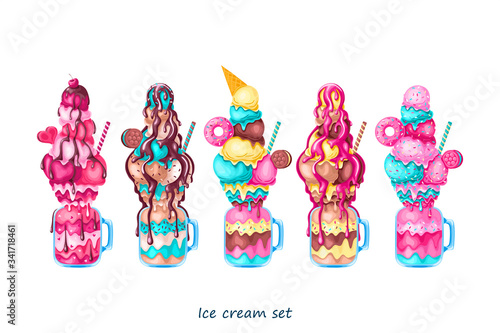 Strawberry, vanilla, caramel, mint and chocolate cocktails with ice cream, biscuits, donut, syrup and sprinkles in cocktail jars. The milkshakes set, vector illustration.