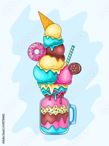 Strawberry, vanilla, caramel, mint and chocolate cocktail with ice cream, biscuits, donut, syrup and sprinkles in cocktail jar. Milkshake vector illustration.