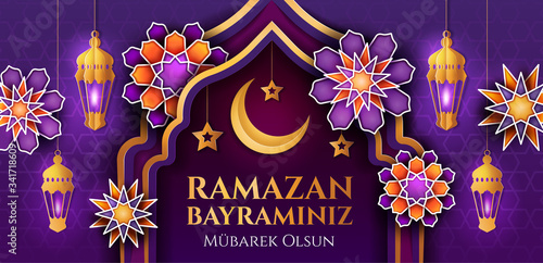 Colorful Islamic purple themed Ramadan banner to celebrate the fast with central text and decorations, vector illustration. Translation from Turkish: Happy Eid-al-Fitr.