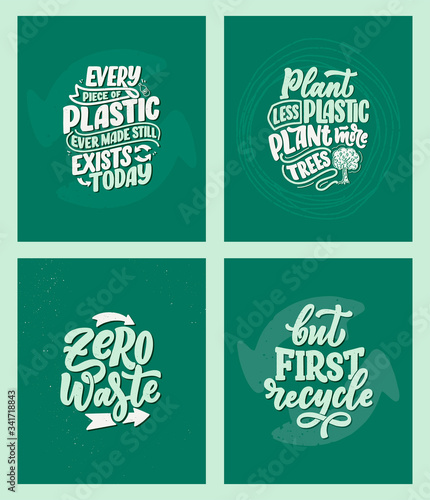 Set with lettering slogans about waste recycling. Nature concept based on reducing waste and using or reusable products. Motivational quotes for choosing eco friendly lifestyle