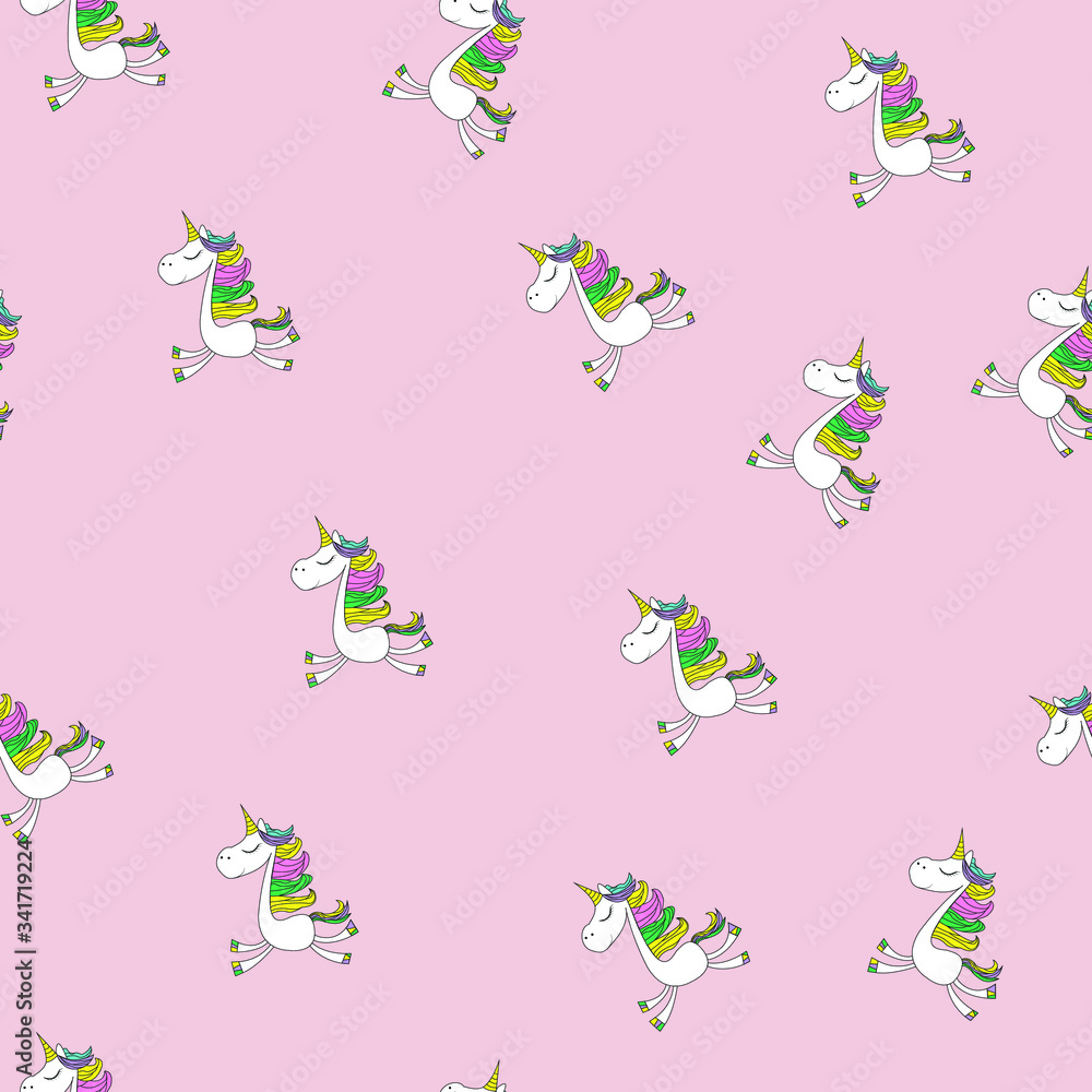 Fototapeta premium Pattern - sweet and cute unicorn ponies on kofeta pink background.