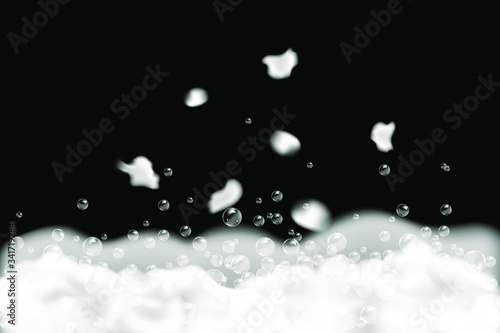 Bath foam isolated on black background. Shampoo bubbles texture.Sparkling shampoo and bath lather vector illustration.