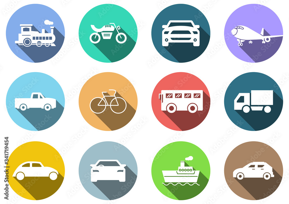 flat icons set, transportation, Airplane, Car, Truck, Bus, Train, Bicycle,Car front,Motorcycle,Pickup truck,Boat,vector illustrations