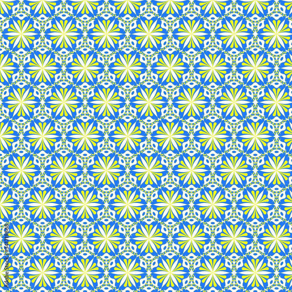 
The pattern is beautiful floral, rounded. Background for textile in yellow-blue tones