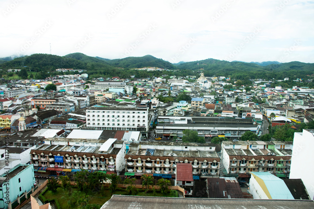 Aerial view landscape and cityscape with traffic road of Betong town in southern thai from top of resort hotel at Betong on August 16, 2019 in Yala, Thailand