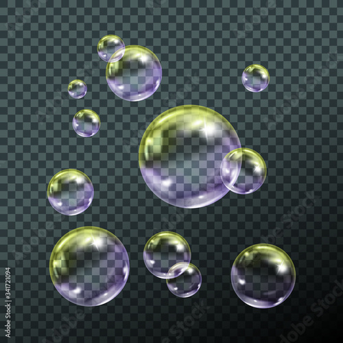 Flying transparent soap bubbles on checkered background.Reaistic colored balls.Vector texture.